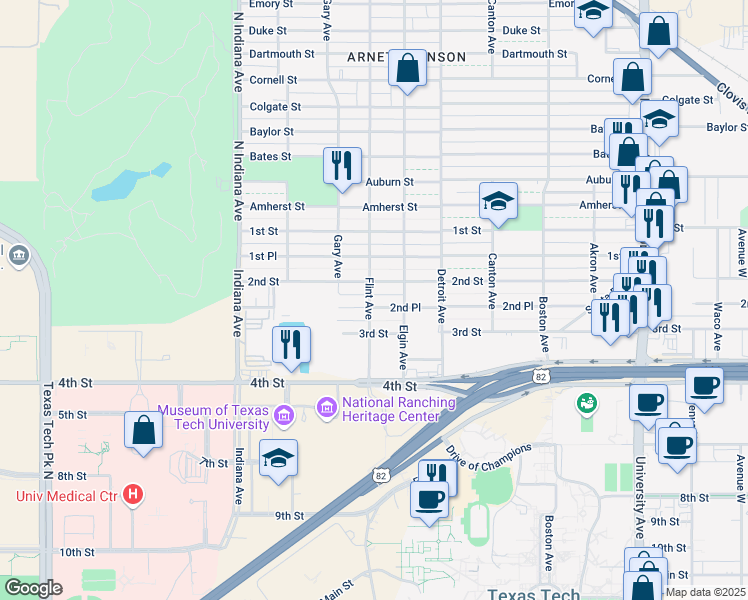 map of restaurants, bars, coffee shops, grocery stores, and more near 3009 2nd Street in Lubbock