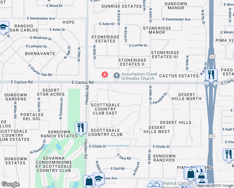 map of restaurants, bars, coffee shops, grocery stores, and more near 8157 East Sunnyside Drive in Scottsdale