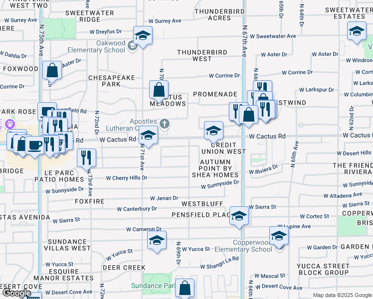 map of restaurants, bars, coffee shops, grocery stores, and more near 12131 North 69th Avenue in Peoria