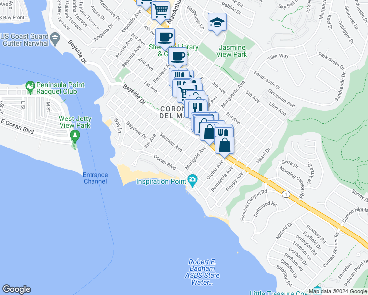 map of restaurants, bars, coffee shops, grocery stores, and more near 300 Larkspur Avenue in Newport Beach