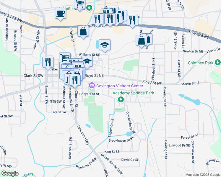 map of restaurants, bars, coffee shops, grocery stores, and more near 2135 Anderson Avenue Northeast in Covington