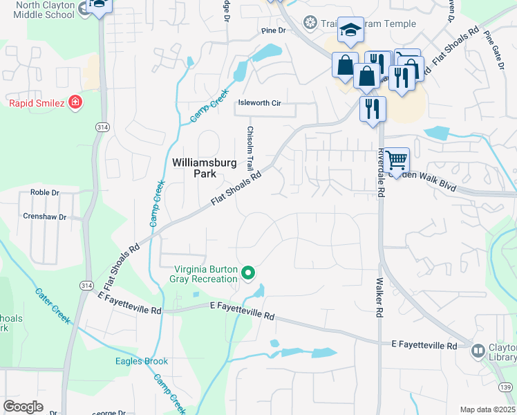 map of restaurants, bars, coffee shops, grocery stores, and more near 1435 Cedar Creek Lane in Riverdale