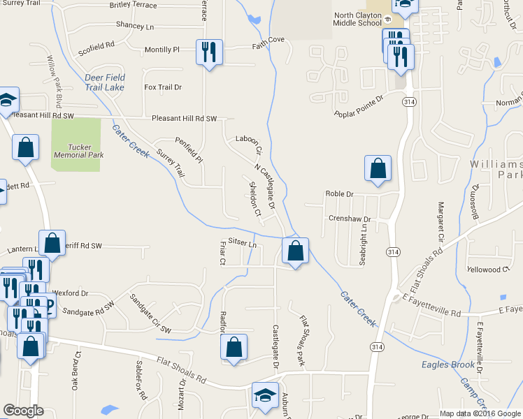 map of restaurants, bars, coffee shops, grocery stores, and more near 5857 Sheldon Court in Atlanta