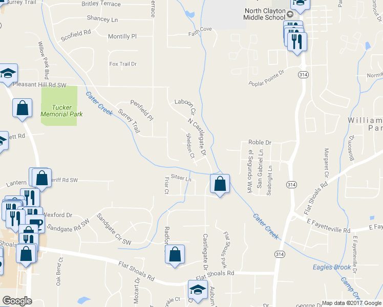 map of restaurants, bars, coffee shops, grocery stores, and more near 5857 Sheldon Court in Atlanta