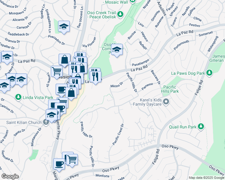 map of restaurants, bars, coffee shops, grocery stores, and more near 31 Regalo Drive in Mission Viejo