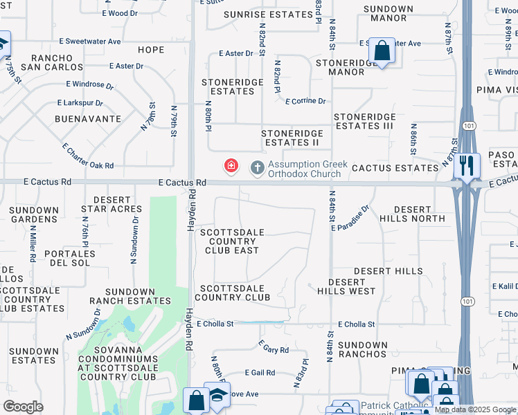 map of restaurants, bars, coffee shops, grocery stores, and more near 8157 East Sunnyside Drive in Scottsdale