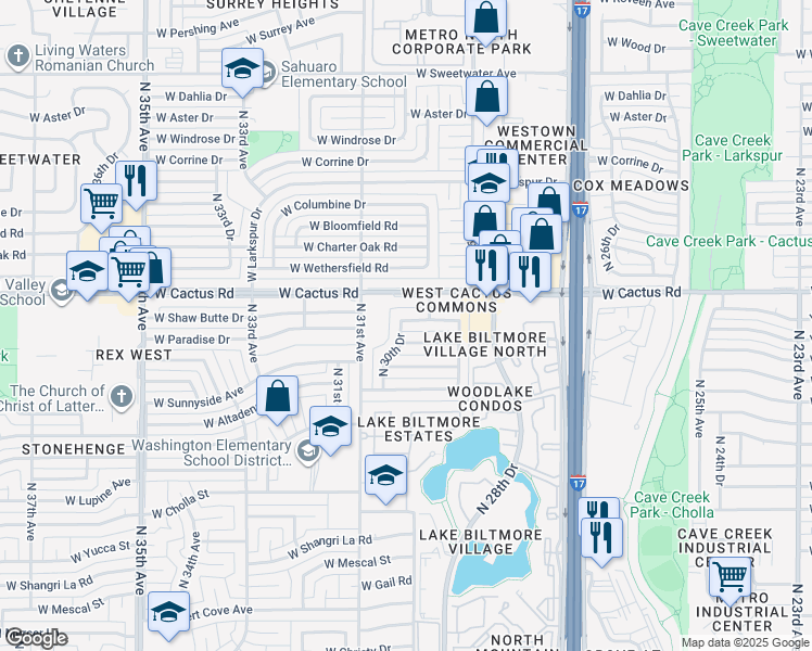 map of restaurants, bars, coffee shops, grocery stores, and more near 3029 West Shaw Butte Drive in Phoenix