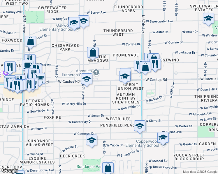 map of restaurants, bars, coffee shops, grocery stores, and more near 12131 North 69th Avenue in Peoria