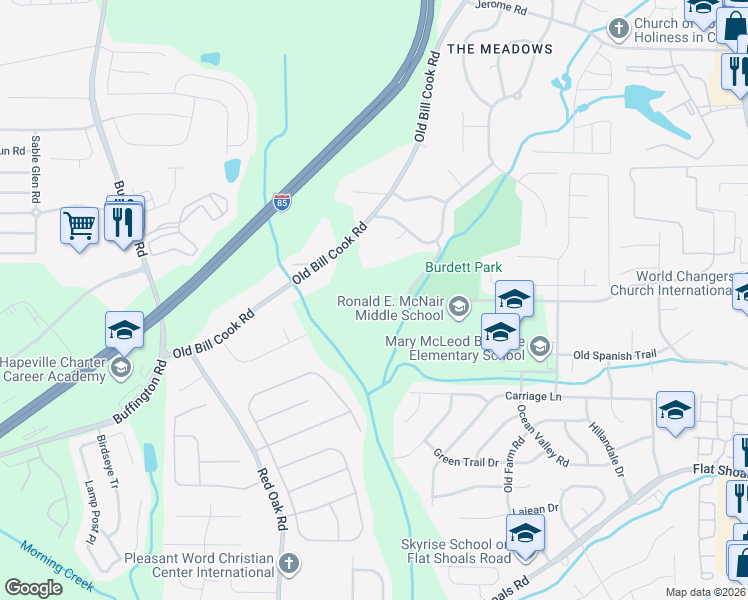 map of restaurants, bars, coffee shops, grocery stores, and more near 3000 Burdett Road in Atlanta