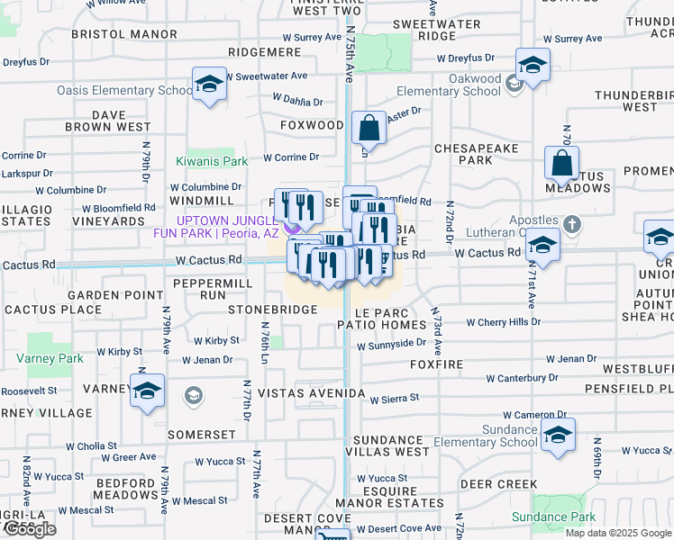 map of restaurants, bars, coffee shops, grocery stores, and more near 7509 West Cactus Road in Peoria
