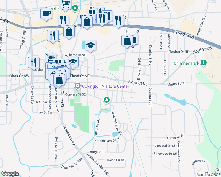 map of restaurants, bars, coffee shops, grocery stores, and more near 3115 Thompson Avenue Southeast in Covington