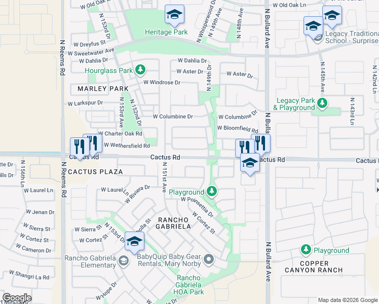 map of restaurants, bars, coffee shops, grocery stores, and more near 15013 West Wethersfield Road in Surprise