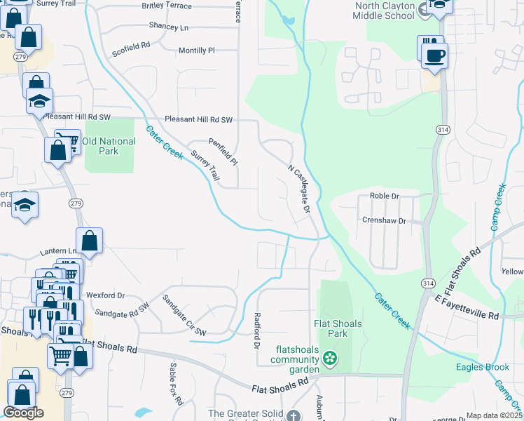 map of restaurants, bars, coffee shops, grocery stores, and more near 5866 Summerglen Lane in Atlanta