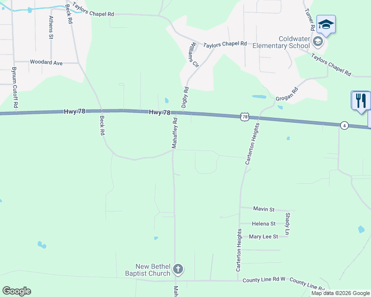 map of restaurants, bars, coffee shops, grocery stores, and more near 109 Mahaffey Rd in Oxford