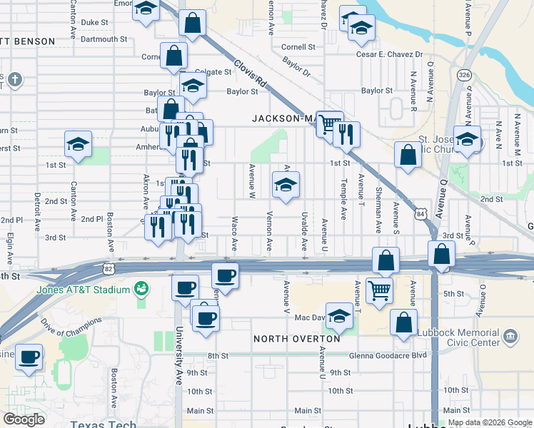 map of restaurants, bars, coffee shops, grocery stores, and more near 2214 2nd Place in Lubbock