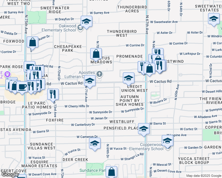 map of restaurants, bars, coffee shops, grocery stores, and more near 6909 West Shaw Butte Drive in Peoria