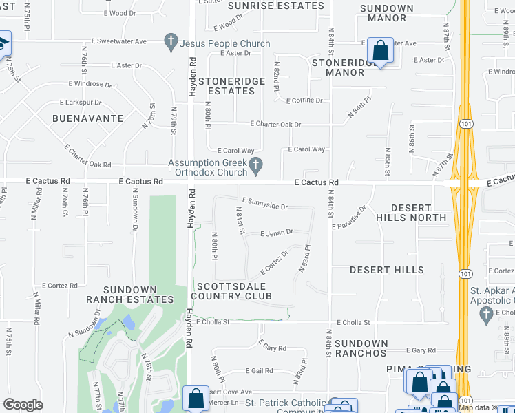 map of restaurants, bars, coffee shops, grocery stores, and more near 8157 East Sunnyside Drive in Scottsdale