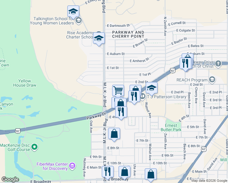 map of restaurants, bars, coffee shops, grocery stores, and more near 1712 East 2nd Place in Lubbock