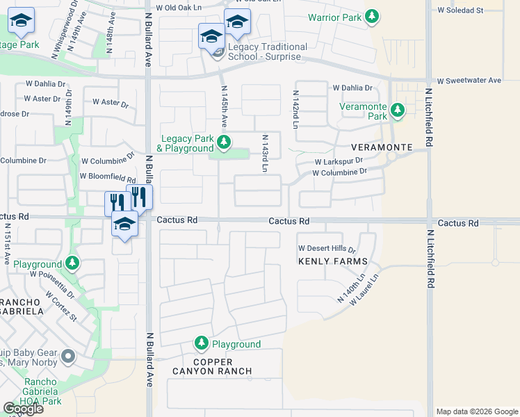map of restaurants, bars, coffee shops, grocery stores, and more near 14385 West Wethersfield Road in Surprise