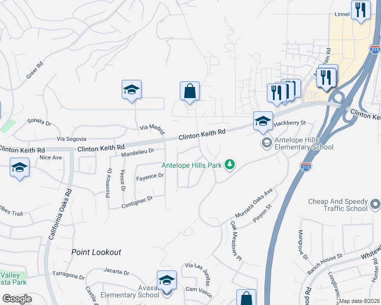 map of restaurants, bars, coffee shops, grocery stores, and more near 27127 Oak Glen Street in Murrieta