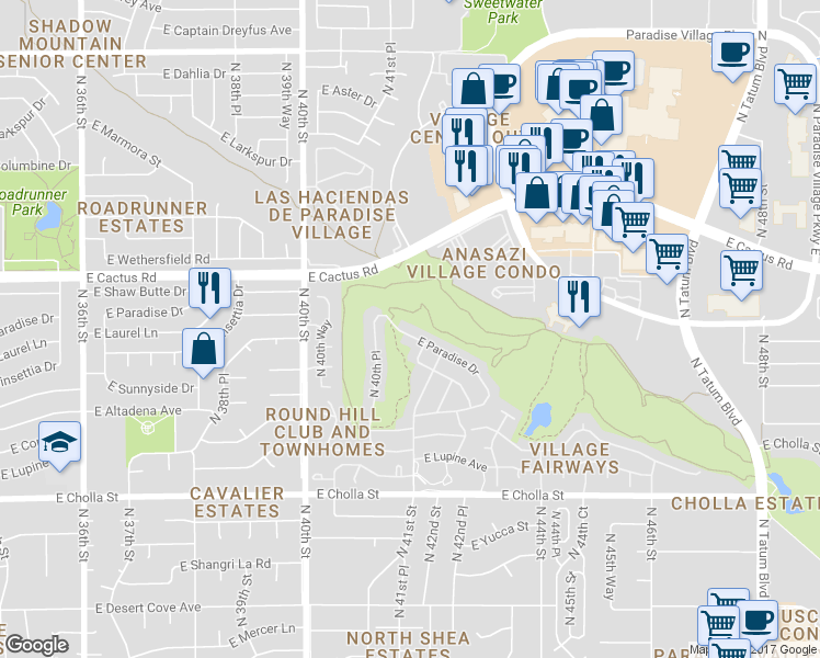 map of restaurants, bars, coffee shops, grocery stores, and more near 4028 East Paradise Drive in Phoenix
