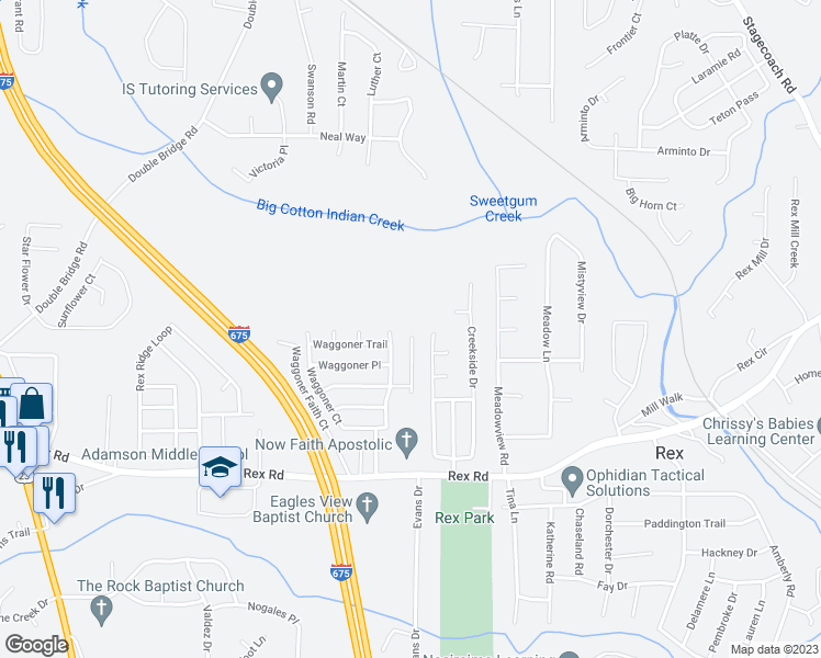 map of restaurants, bars, coffee shops, grocery stores, and more near 5825 Waggoner Cove in Rex