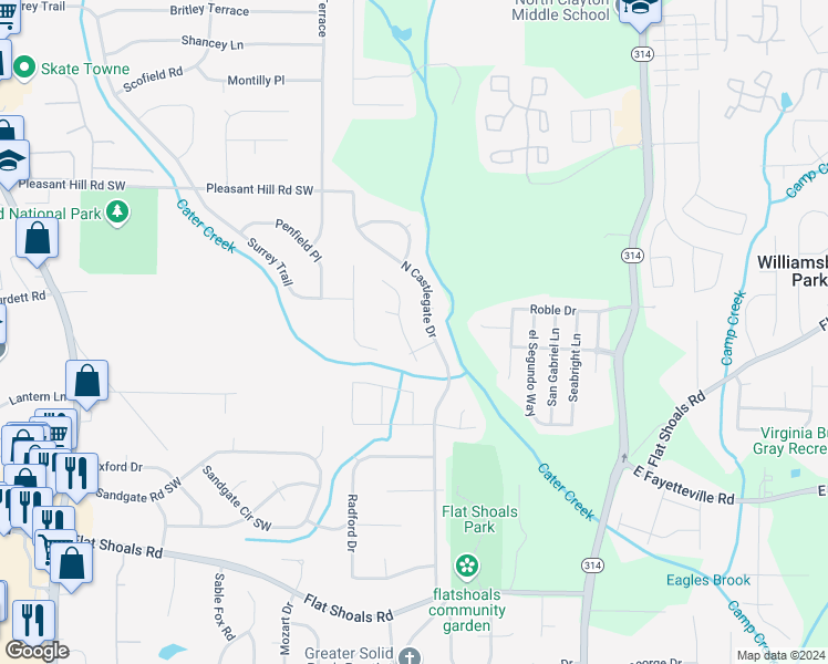 map of restaurants, bars, coffee shops, grocery stores, and more near 5870 Sheldon Court in Atlanta
