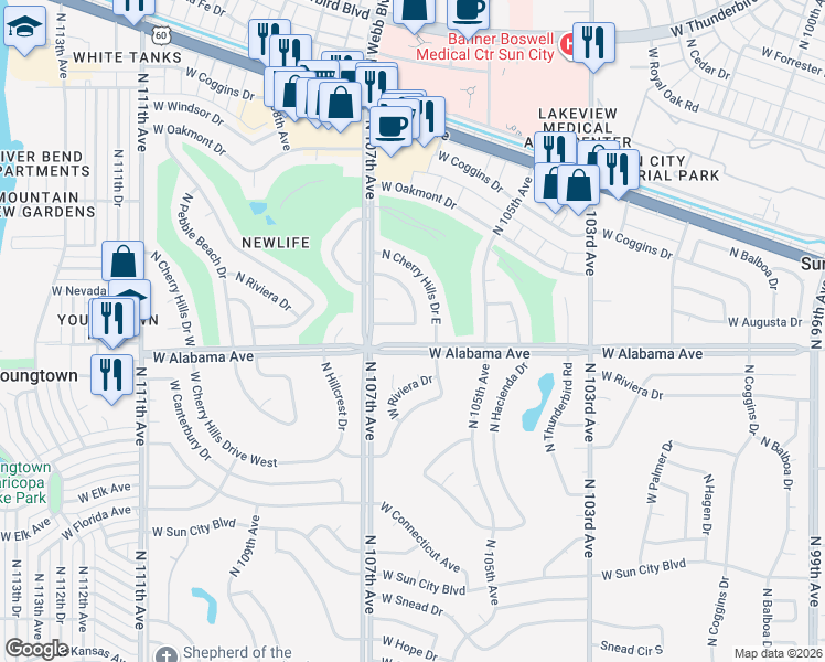map of restaurants, bars, coffee shops, grocery stores, and more near 10625 West Augusta Drive in Sun City