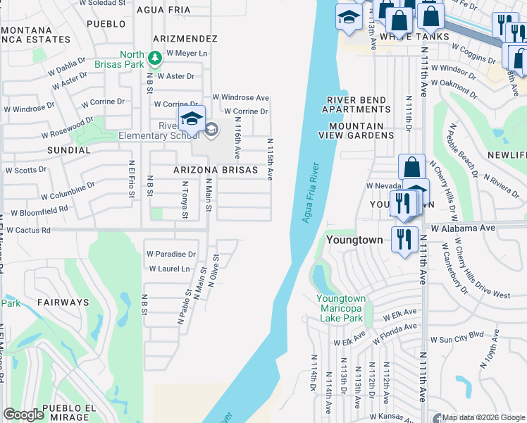 map of restaurants, bars, coffee shops, grocery stores, and more near 11501 West Charter Oak Road in El Mirage