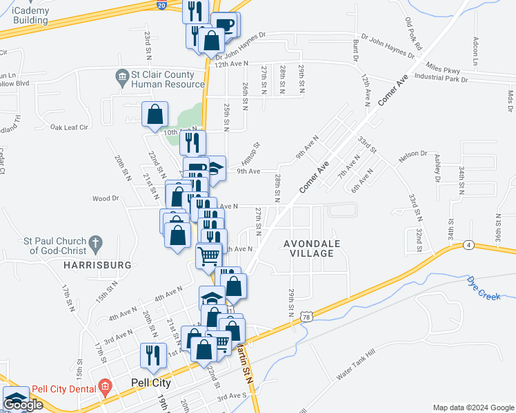 map of restaurants, bars, coffee shops, grocery stores, and more near 2506 7th Avenue North in Pell City