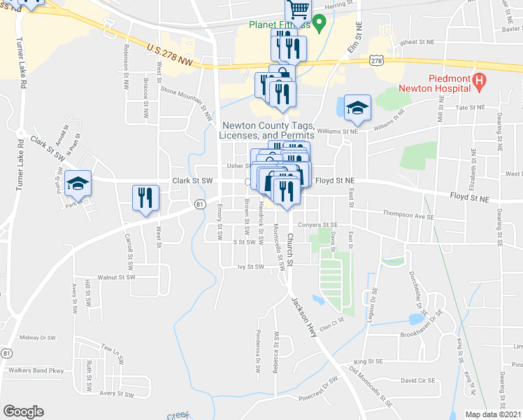 map of restaurants, bars, coffee shops, grocery stores, and more near 1168 Reynolds Street Southwest in Covington
