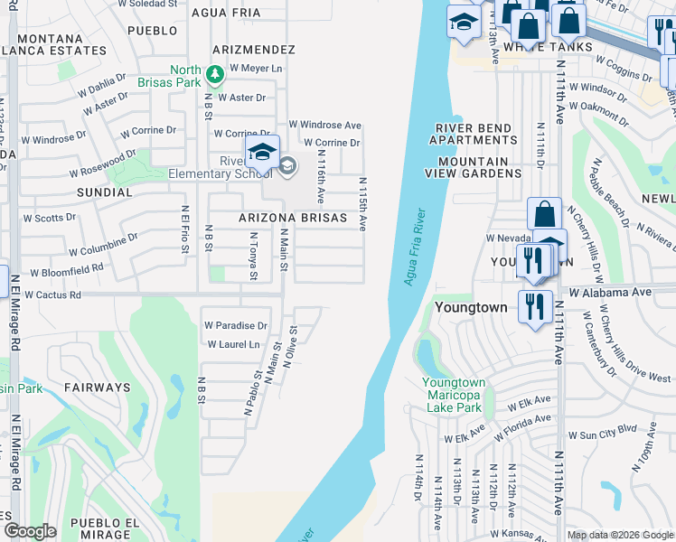 map of restaurants, bars, coffee shops, grocery stores, and more near 11529 West Charter Oak Road in El Mirage