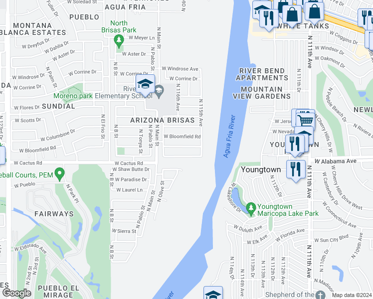 map of restaurants, bars, coffee shops, grocery stores, and more near 11529 West Charter Oak Road in El Mirage