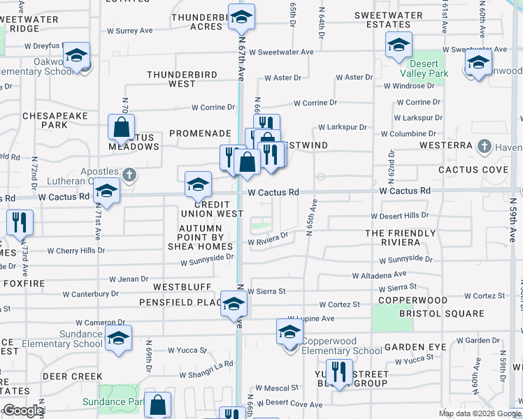 map of restaurants, bars, coffee shops, grocery stores, and more near 6617 West Shaw Butte Drive in Glendale