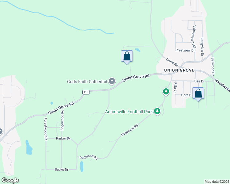 map of restaurants, bars, coffee shops, grocery stores, and more near 1281 Union Grove Road in Adamsville