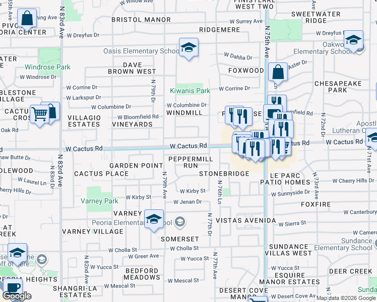 map of restaurants, bars, coffee shops, grocery stores, and more near 7802 West Shaw Butte Drive in Peoria