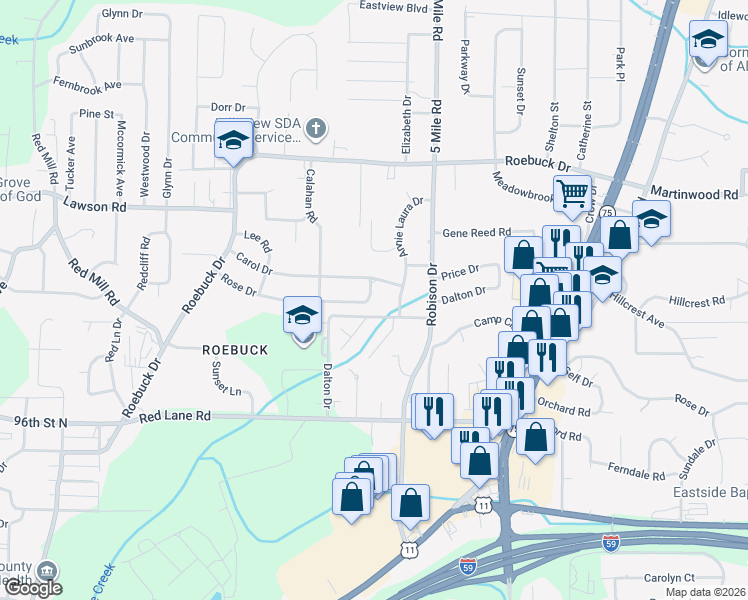 map of restaurants, bars, coffee shops, grocery stores, and more near 241 Rose Drive in Birmingham