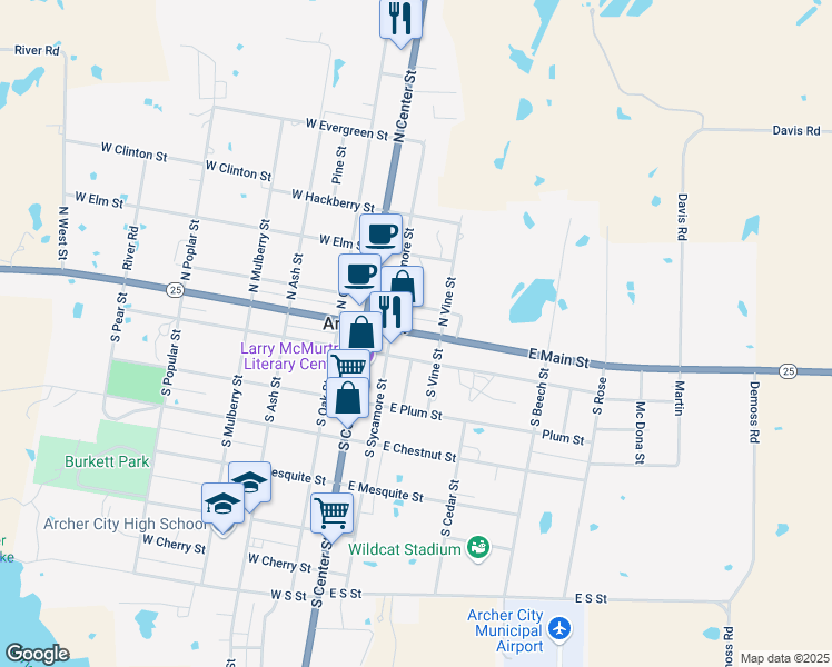 map of restaurants, bars, coffee shops, grocery stores, and more near 229 East Main Street in Archer City