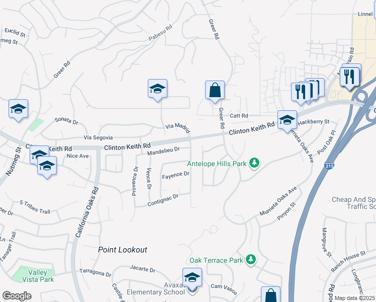 map of restaurants, bars, coffee shops, grocery stores, and more near 26966 Mandelieu Drive in Murrieta