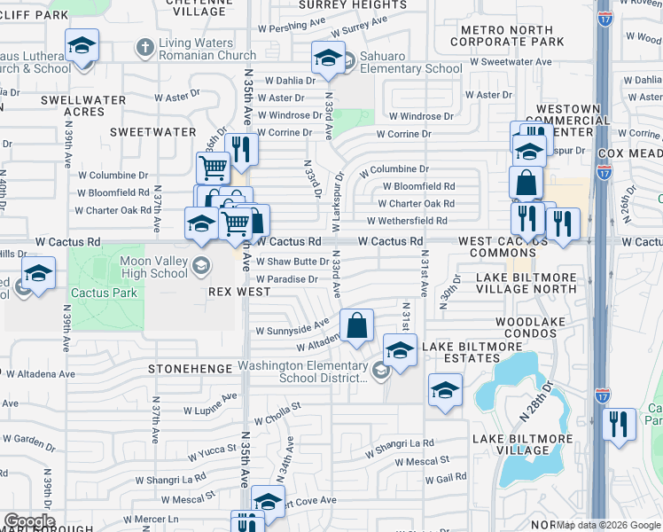 map of restaurants, bars, coffee shops, grocery stores, and more near 3301 West Shaw Butte Drive in Phoenix