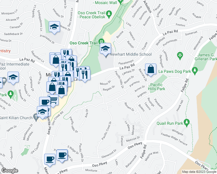 map of restaurants, bars, coffee shops, grocery stores, and more near 19 Regalo Drive in Mission Viejo
