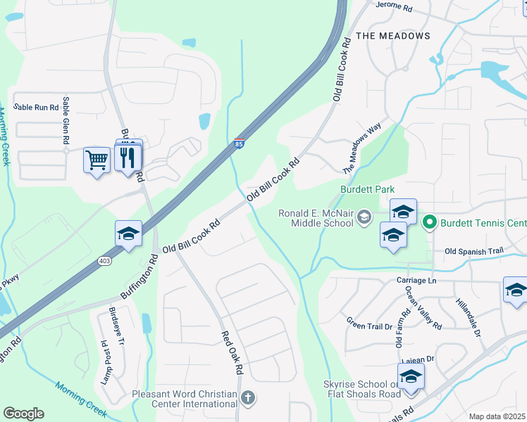 map of restaurants, bars, coffee shops, grocery stores, and more near 5850 Old Bill Cook Road in Atlanta