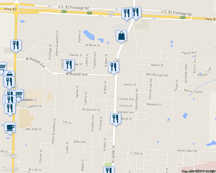 map of restaurants, bars, coffee shops, grocery stores, and more near 2016 North Main Street in Bonham