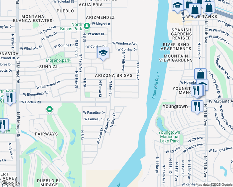 map of restaurants, bars, coffee shops, grocery stores, and more near 11625 West Charter Oak Road in El Mirage