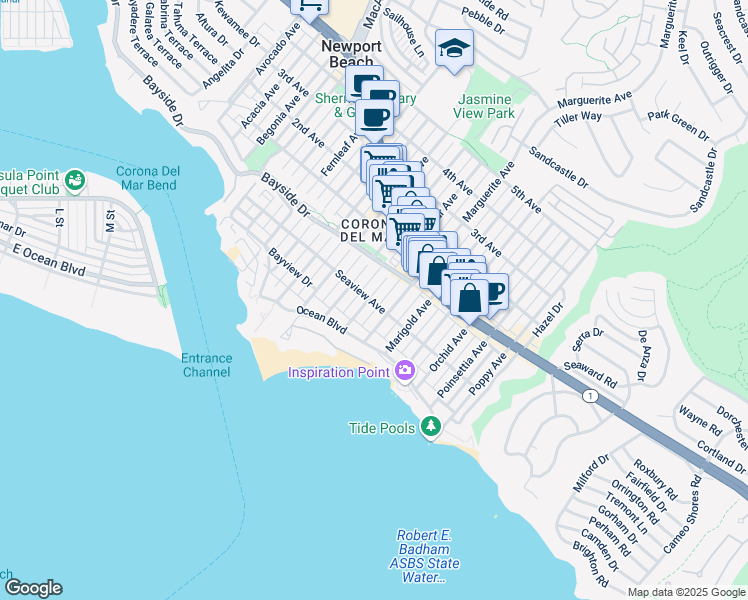 map of restaurants, bars, coffee shops, grocery stores, and more near 300 Larkspur Avenue in Newport Beach
