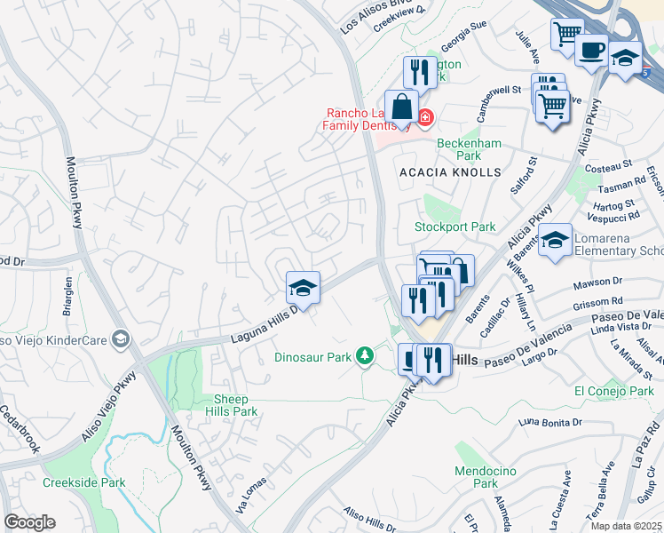 map of restaurants, bars, coffee shops, grocery stores, and more near 811 Ronda Mendoza in Laguna Woods