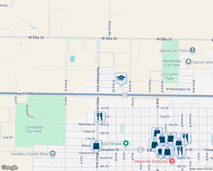 map of restaurants, bars, coffee shops, grocery stores, and more near 1411 Washington Street in Levelland