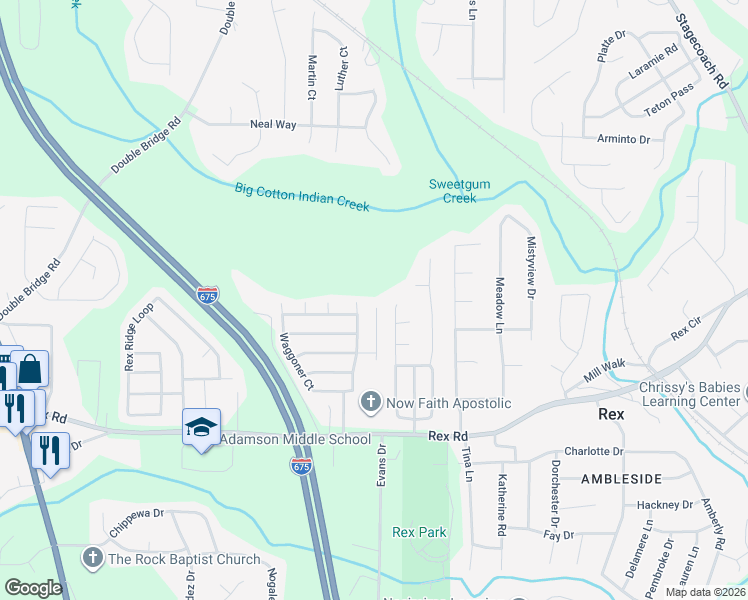 map of restaurants, bars, coffee shops, grocery stores, and more near 5825 Waggoner Cove in Rex