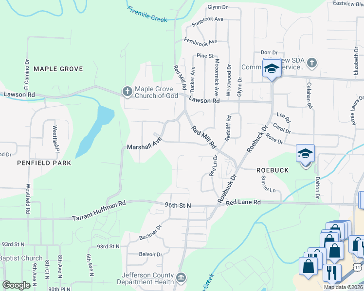 map of restaurants, bars, coffee shops, grocery stores, and more near 429 Cheri Lane in Birmingham