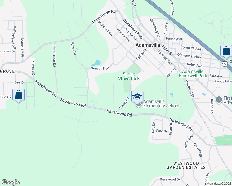 map of restaurants, bars, coffee shops, grocery stores, and more near 313 Burgundy Drive in Adamsville